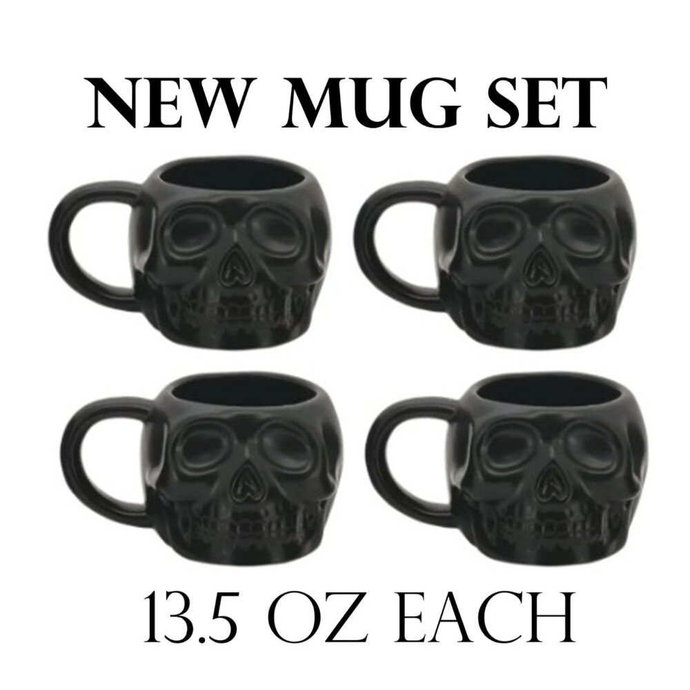 NEW Skull Mug Set of 4 Stackable Mugs Dia De Los Muertos Skulls Halloween Stone